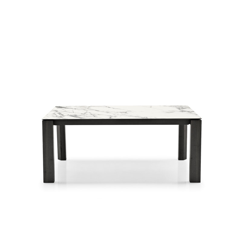 Omnia Extendable Table with Rectangular Top and Wooden Legs, Graphite Veneer, White Marble Ceramic