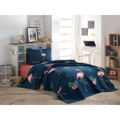 Ensemble luxueux luxueux, bleu foncé et rose / vert / blanc, 63 x 93 | 100% coton avec mélange de 65% coton et 35% polyester | Lavable à la machine, 280 g / m², 142 fils | Parfait pour un décor de chambre à coucher élégant