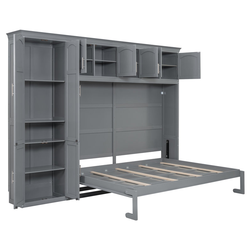 Grand lit escamotable mural avec armoires, gris