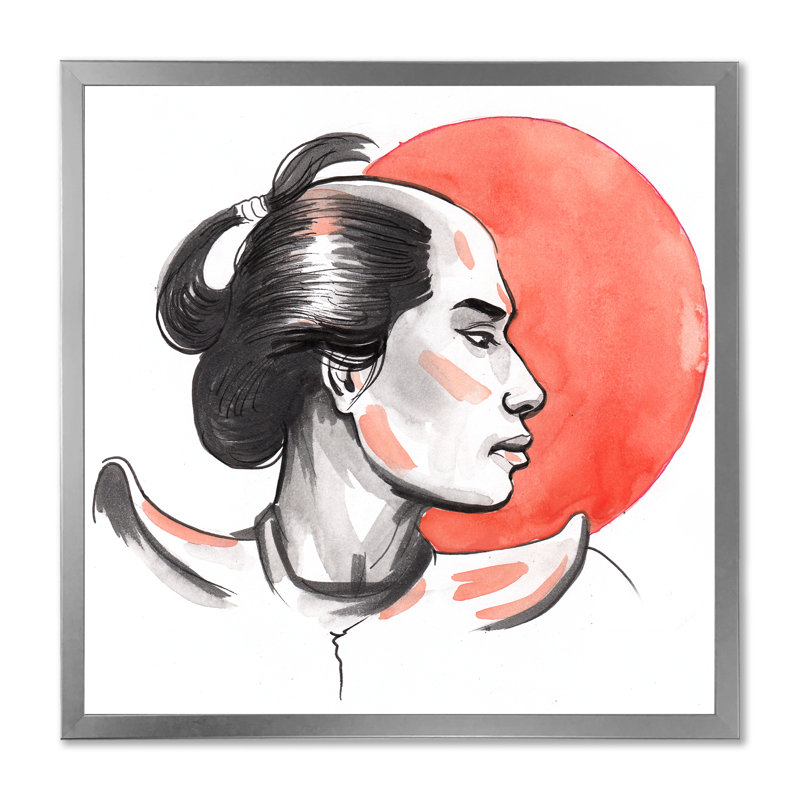 Samurai Warrior And Red Sun - reproduction d'art moderne sur toile Mid-Century, H 30 po x l 30 po x P 1 po