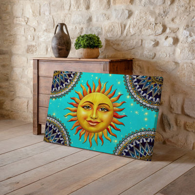 Toile, une scène céleste vibrante avec un soleil radiant central avec art mural, un visage joyeux entouré de motifs complexes de mandala, art mural