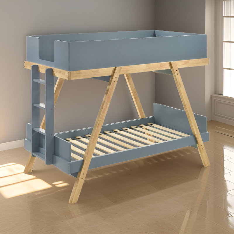 Anky Twin Size Bunk Bed, Wood Frame, 3 Side Panel Security, Gray/Brown