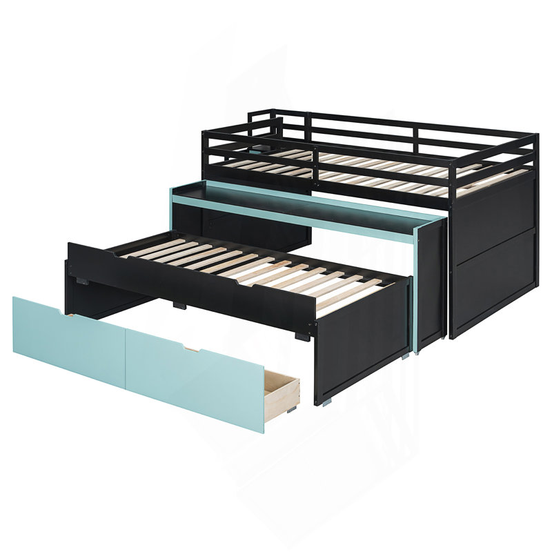 Lit double mezzanine double avec bureau coulissant et lit gigogne simple, lit superposé multifonctionnel avec 2 tiroirs de rangement et marches de rangement