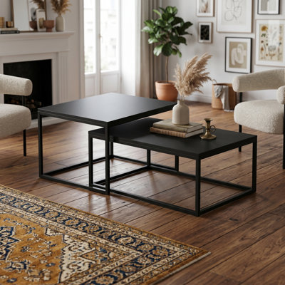 Tables gigognes modernes (2 pièces), noir, 60 x 45 x 45 cm et 70 x 35 x 45 cm, 100% panneau de particules enduit de mélamine, structure en métal et fonctionnelle pour la maison ou le bureau, design industriel