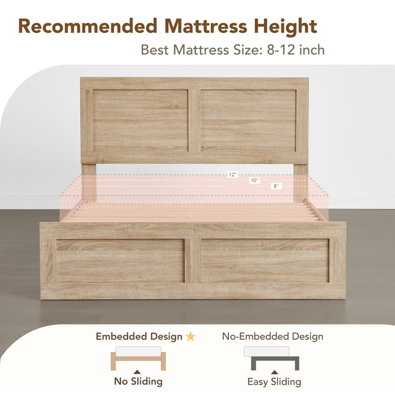 Farmhouse High Headboard Wood Platform Bed, Natural, Queen