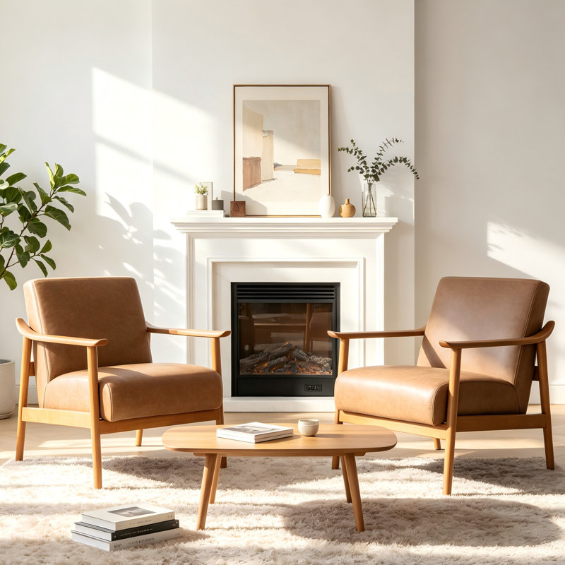 Fauteuils rembourrés en cuir véritable de style Mid-Century, Brown