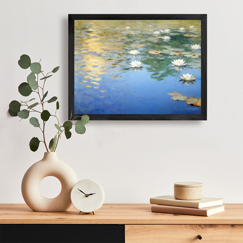 Reproduction d'art encadrée noire de fleurs de glycine rétro reflétée sur l'eau, H 37 po x l 25 po