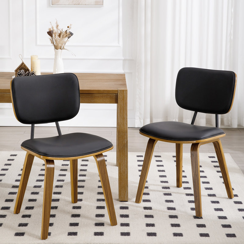 Faux Leather Upholstered Side Chair Dining Chair And Walnut Wood Finish, Black, 2