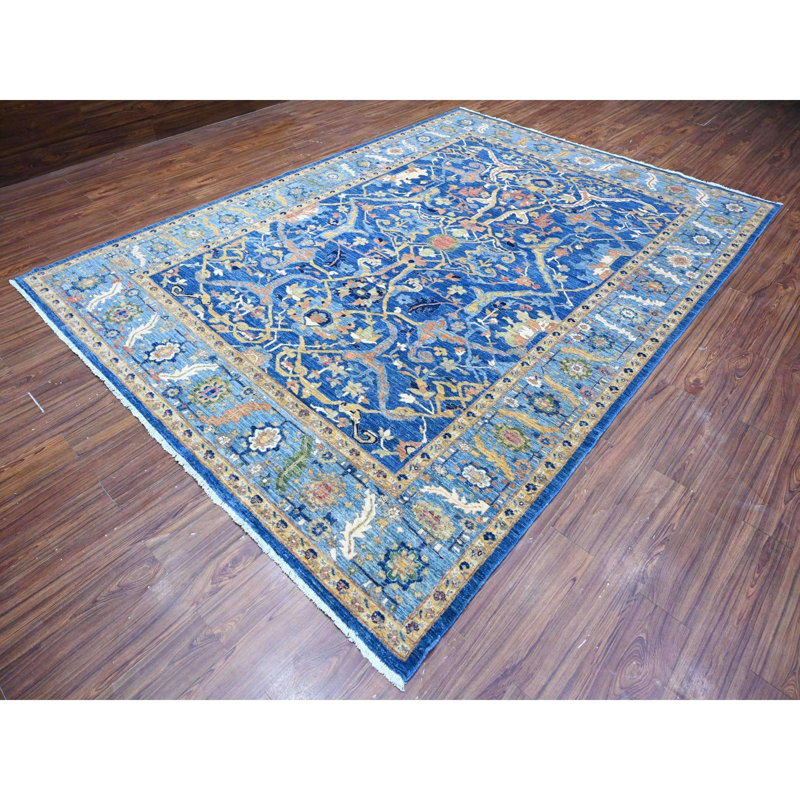 Tapis oriental bleu en laine noué à la main 8 pi 7 po x 11 pi 11 po Aryana