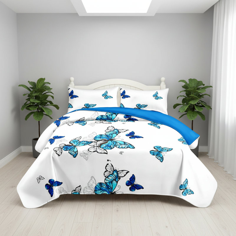 Ensemble de couvre-lit 3 pièces Blue Butterfly, Très grand lit