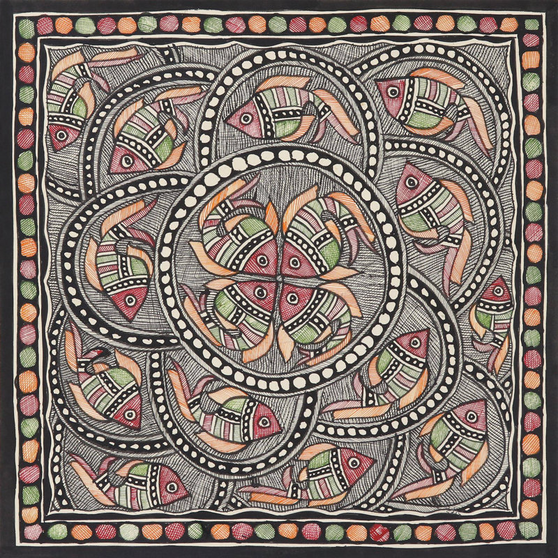 Suspension murale madhubani painting fish lointaine