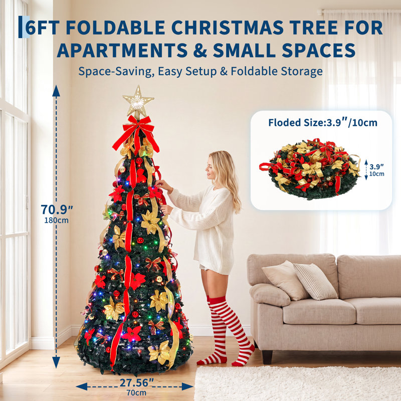 Sapin de Noël artificiel pré-illuminé et pliable - Sapin fin et pliable, 200 lumières DEL, projecteur d'étoiles, installation facile, décoration intérieure pour les fêtes - Rouge + Vert, 180 cm (6 pi)