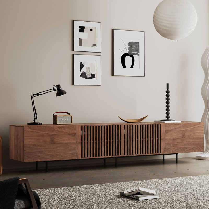 Ahijah 94.48 Inch Extra Long TV Stand for 100 Inch TV Slatted Media Console Entertainment Center with Storage Walnut