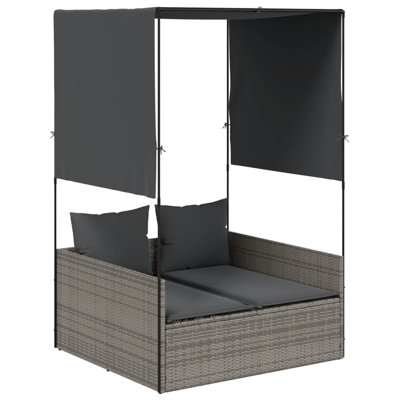  Double Sun Lounger Grey PE Rattan, Powder-Coated Steel, Polyester