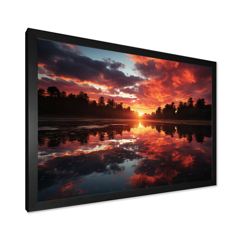 Coucher de soleil sur le lac, H 12 po x l 20 po x P 1 po, Cadre photo noir