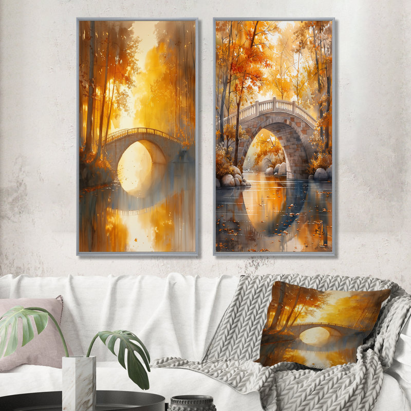 Ensemble de 2 pièces d'art mural jaune et beige, H 28 po x l 24 po, Encadrement argenté
