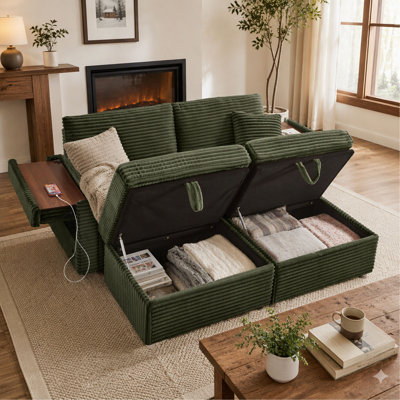 Canapé confortable en velours côtelé moelleux avec espace de rangement, méridienne super douce avec repose-pieds double et plateau de table, convient au salon