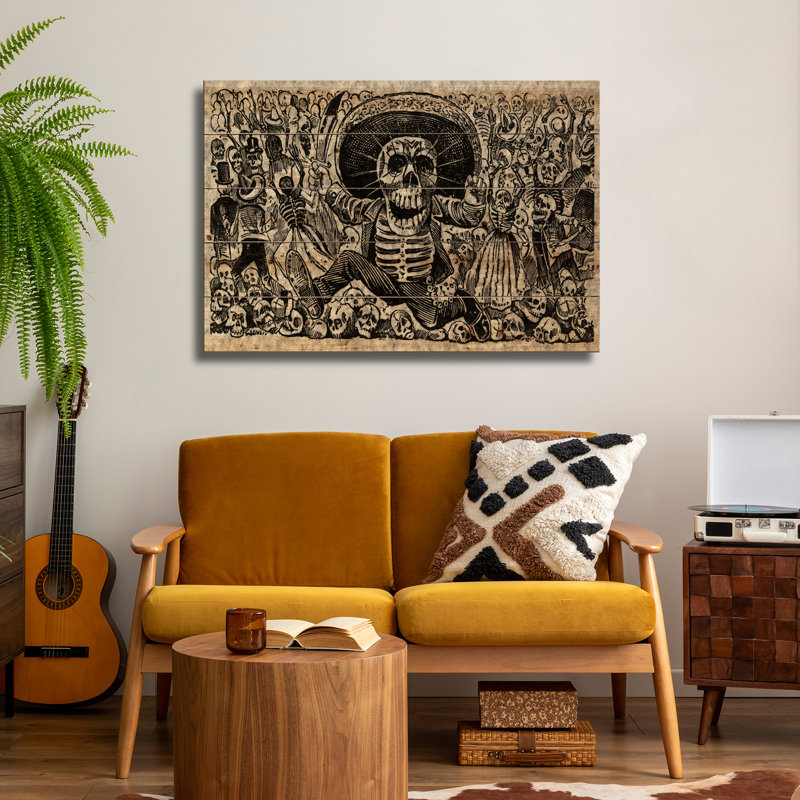 Reproduction d'art mural en bois - Squelettes - Calavera d'Oaxaca par Jose Guadalupe Posada, H 26 po x l 40 po