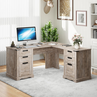 60" Farmhouse L Shaped Executive Desk With Drawers,wood Home Office Corner Desk With Charging Station