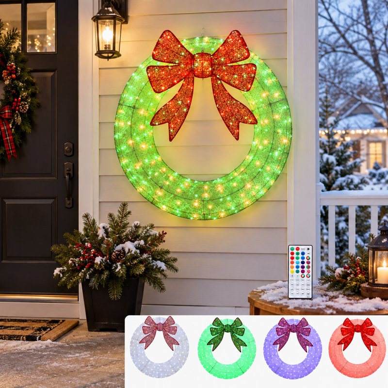 Couronne de Noël blanche lumineuse de 122 cm (48 po) avec DEL bicolore, télécommande et minuterie, 48" x 48"