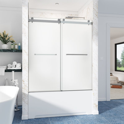 56-61" W x 66" H Frameless Double Sliding Tub Door, 10mm SGCC Frosted Tempered Privacy Glass with Anti-Explosion Film & R5 Beveled Edge