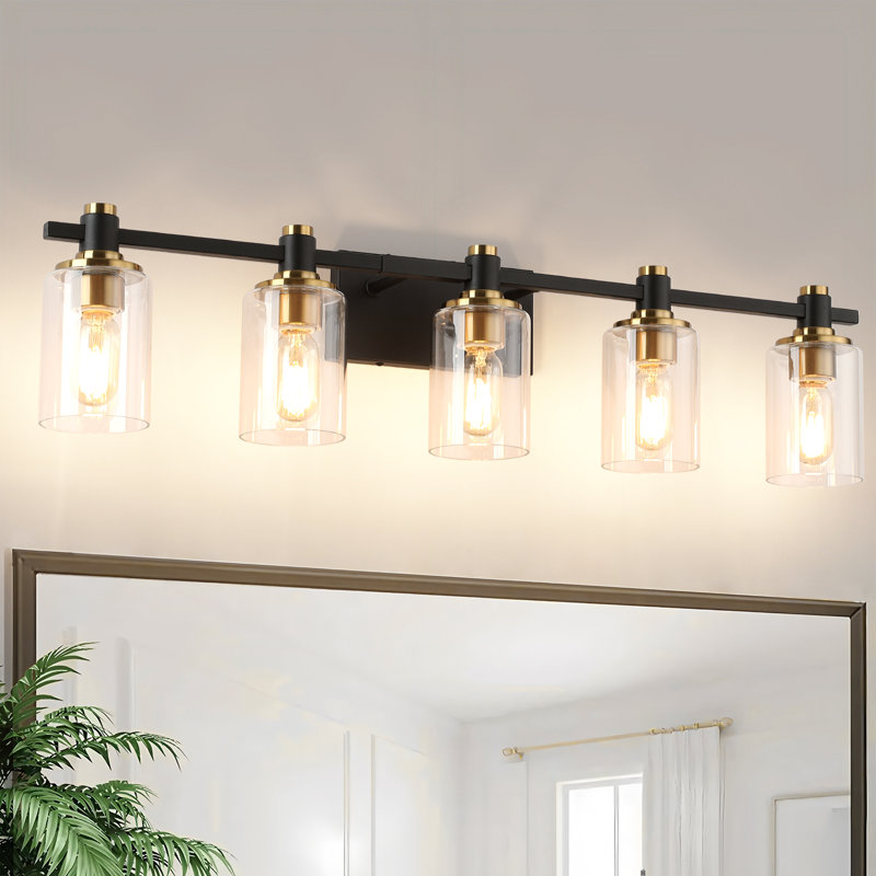 Vanity Light with Clear Glass shade, 5 Lights, Black/Gold