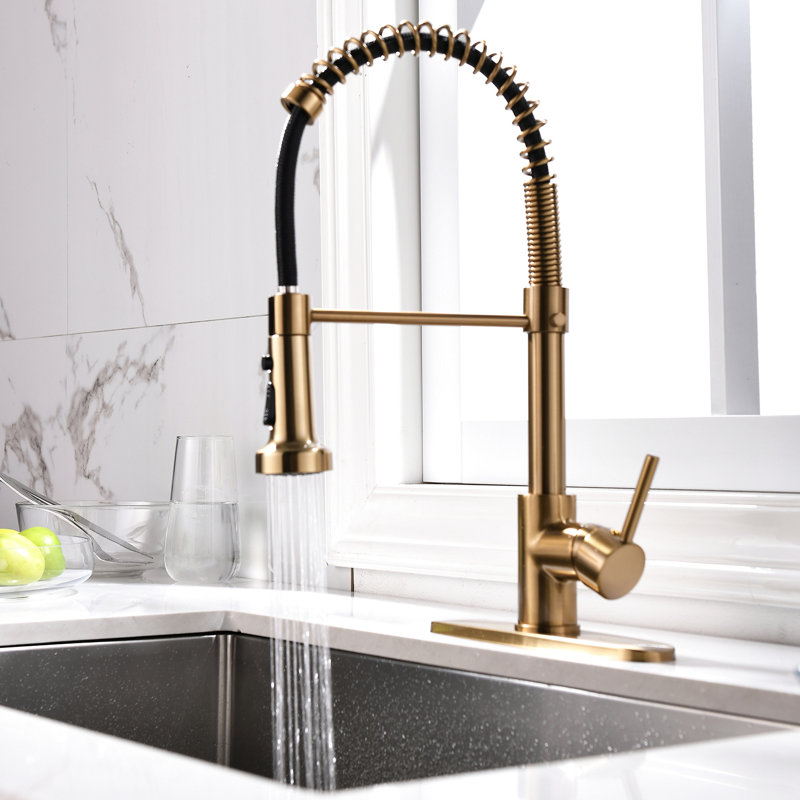 Robinet de cuisine en or brossé avec douchette extractible, empreinte digitale, poignée simple, robinet contemporain à cartouche en céramique, facile à installer, pivotant sur 360 degrés