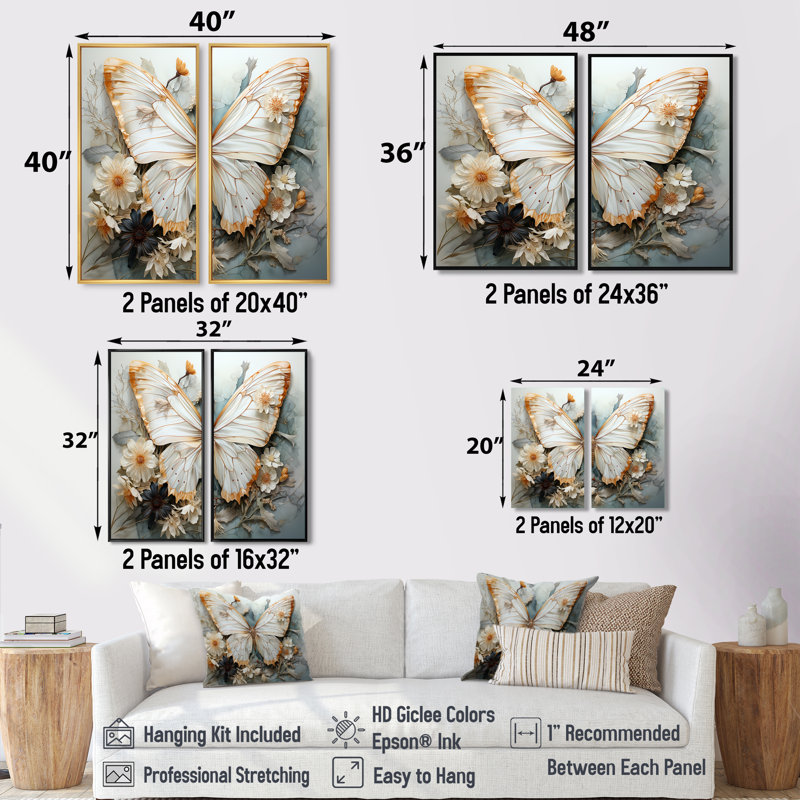 Motif complexe de papillons blancs et gris - art mural moderne bleu, ensemble de 2, H 40 po x l 40 po, Noir