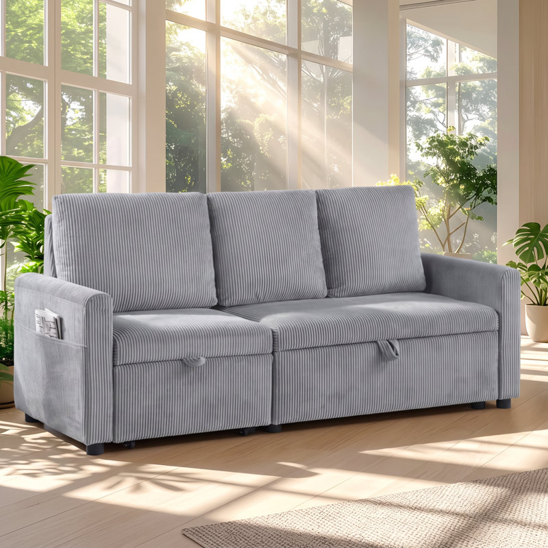 Canapé-lit gigogne simple Relax en velours côtelé avec méridienne de rangement, dimensions : 178 cm (L) x 76 cm (P) x 89 cm (H).