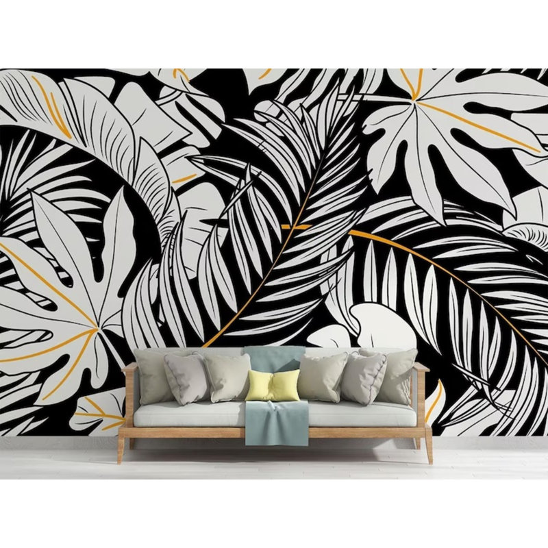 Adhésif mural noir et blanc à motif tropical de luxe avec feuilles tropicales, L 108 po x l 96 po
