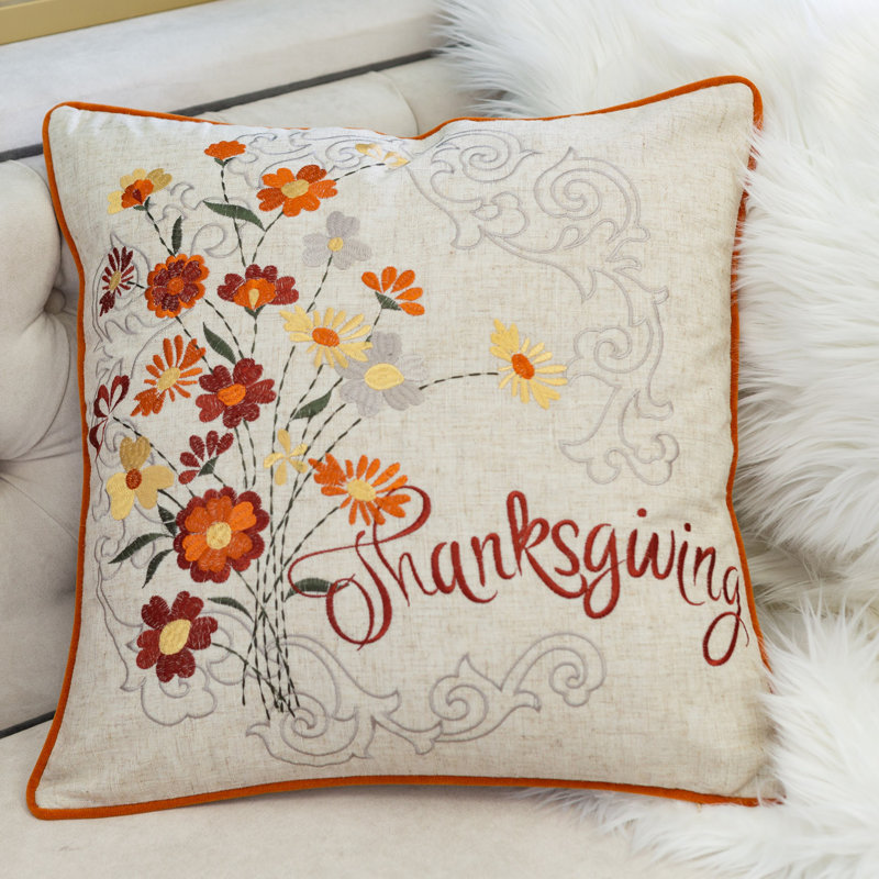 Coussin décoratif à motif floral Thanksgiving, Carré 20 po, Rouille / floral