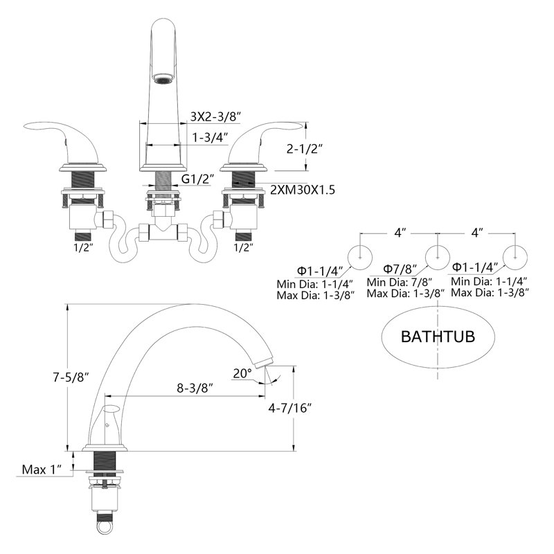 Robinet de baignoire romaine à 2 poignées à 2 poignées, robinet à 3 trous pour salle de bain Sumerain 62169S-CH-XX, Noir mat