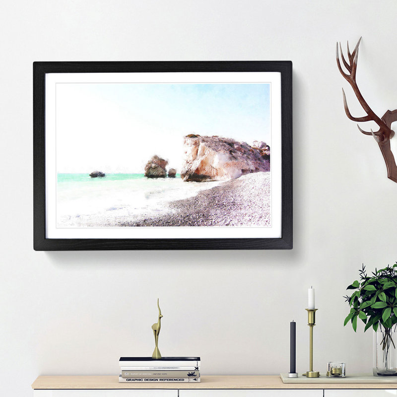 White Sand Beach in Cyprus - Picture Frame Painting Print, 62cm H x 87cm W x 2cm D, Black Framed