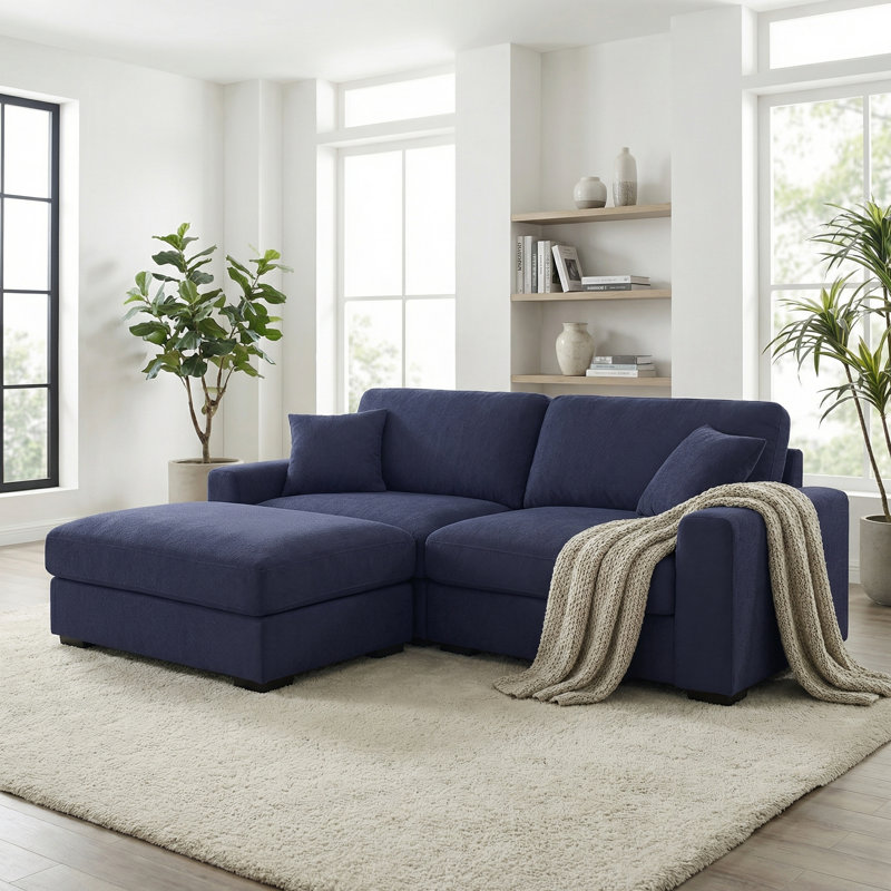 Aniessa 92'' Upholstered Sofa with Reversible Ottoman, Dark Blue Polyester Blend
