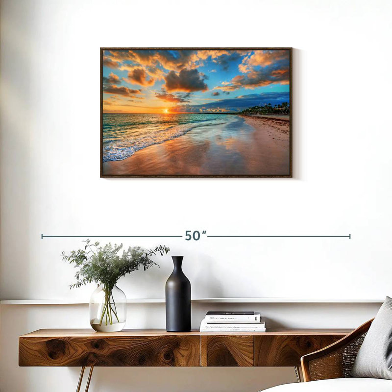 Coucher de soleil paisible à Ayotte, Cadre flottant noyer, 31 po x 21 po
