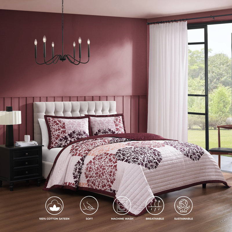 Full Red Cotton Reversible Bedspread Set