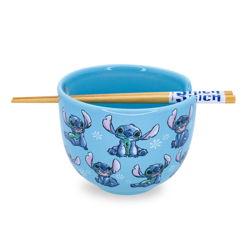Blue Ceramic Disney Lilo & Stitch Ramen Bowl Set with Chopsticks