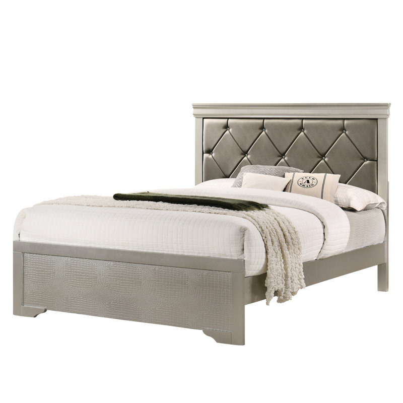 Lit double en bois avec tête de lit tapissier à texture crocodile beige et bois, Lit double
