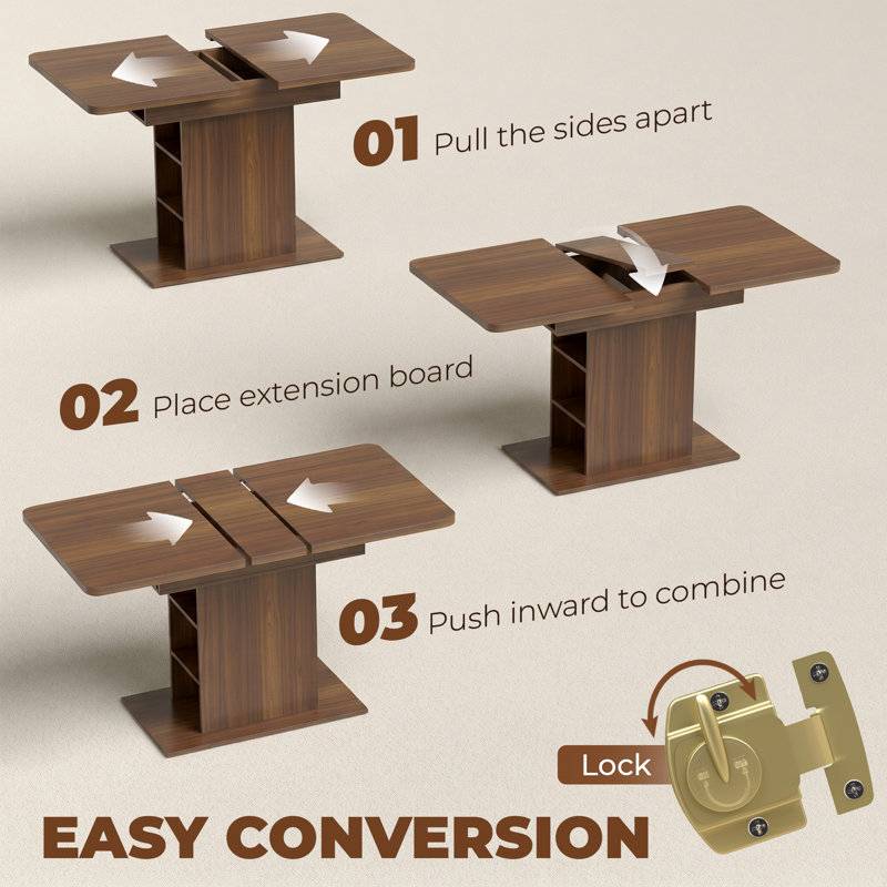 HOMCOM Extendable Dining Table for 4-6, Kitchen Table with Shelves, Walnut brown