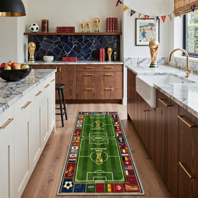 Avalon Modern Football Pitch / Sage Indoor Area Rug With Non-Slip Backing, Runner 2'3" x 6'