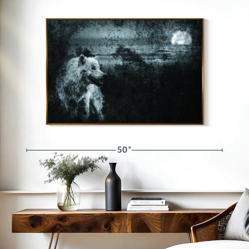Loup solitaire blanc, Cadre flottant doré, 40 po x 27 po
