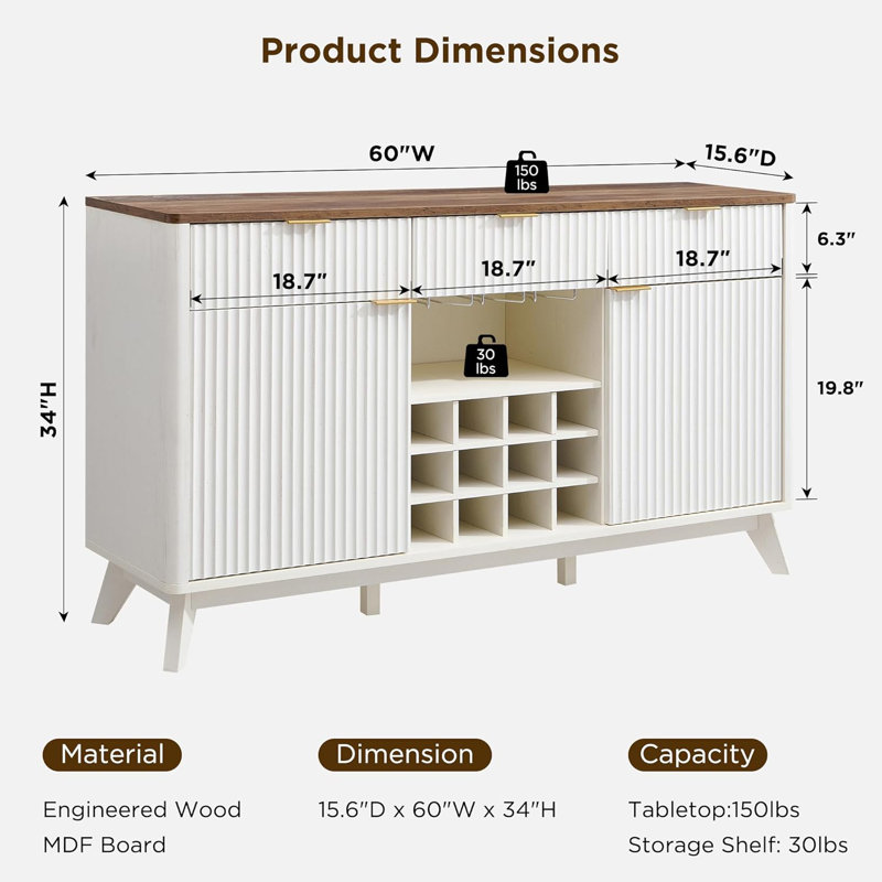 Armoire à vin 60 po avec 3 tiroirs, support à vin et verre, Blanc