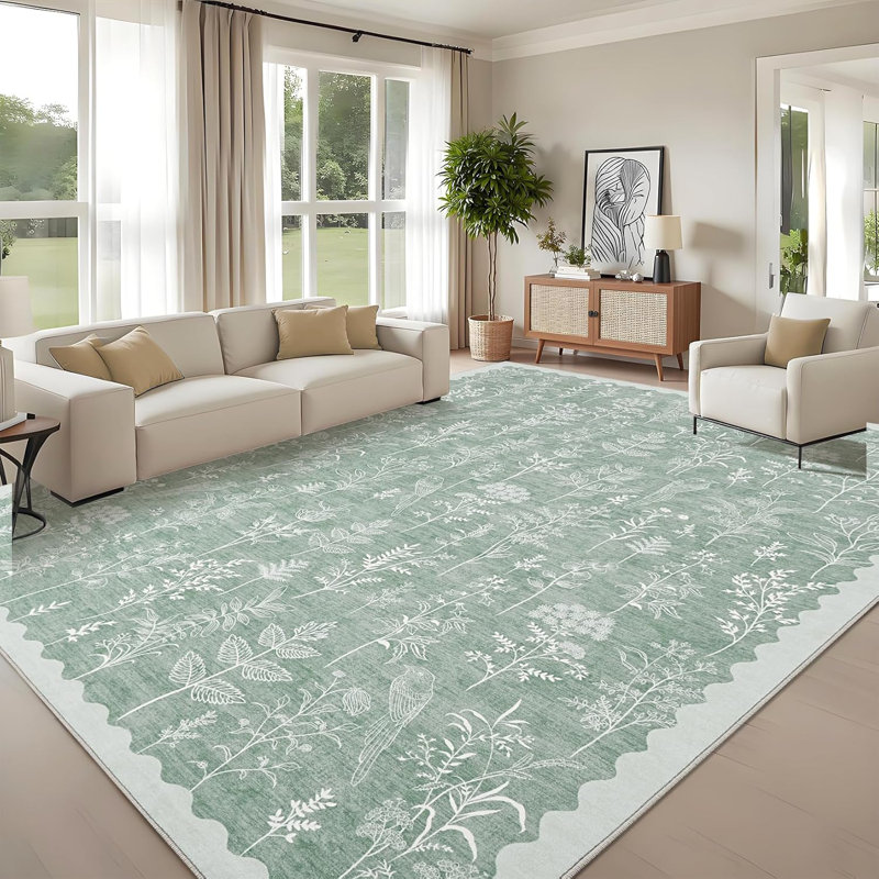 Washable Floral Runner Rug, Non-Slip, Low-Pile, Scalloped Pattern for Kitchen, Hallway, Laundry, Bathroom, Green