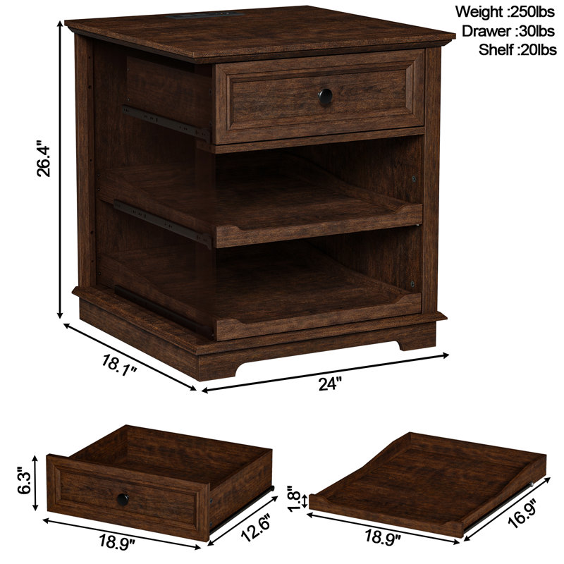 1 Drawer Nightstands with Storage Tray and Built-in Charging Station, Cherry, Individual