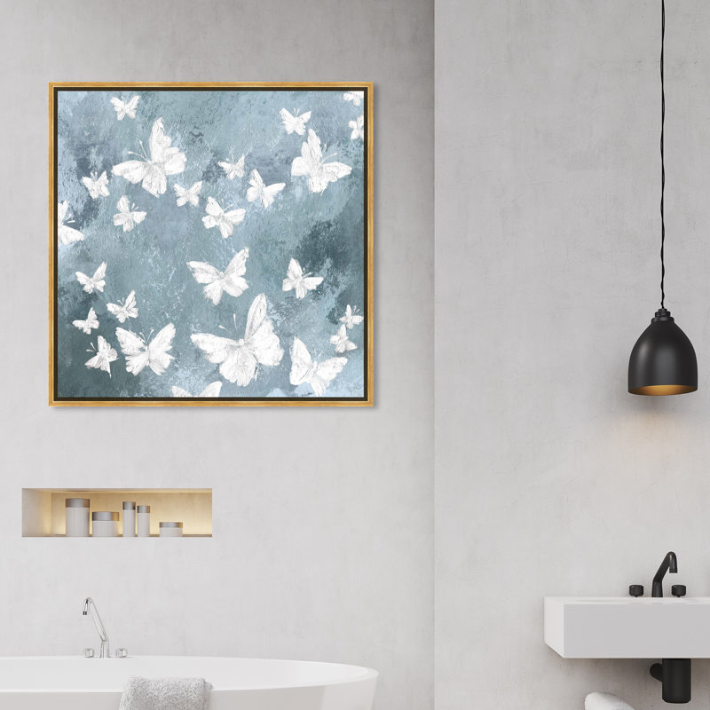 Animaux, papillons dans le vent, insectes - Impression sur toile, Cadre flottant doré, H 30 po x l 30 po