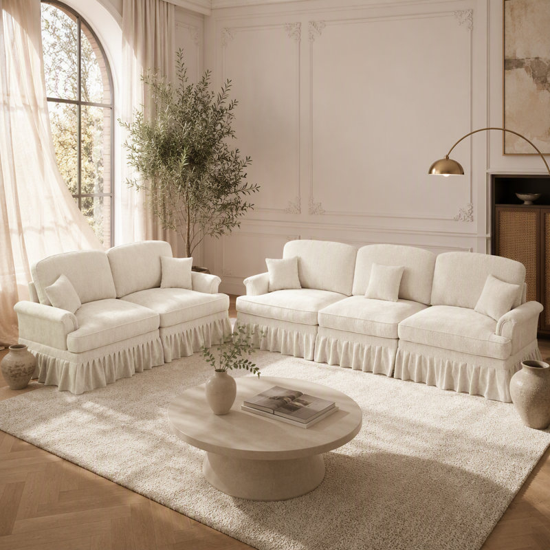 Ensemble de canapé modulaire classique 2 pièces avec accoudoirs évasés, volants amovibles et pieds fuselés pour les salons élégants, blanc beige