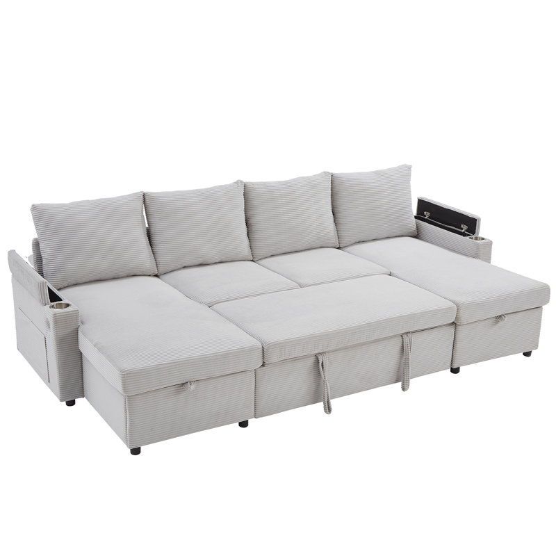 Patrick 109.5" Convertible Corduroy Sectional Sofa with Cup Holders & Storage, Gray Corduroy