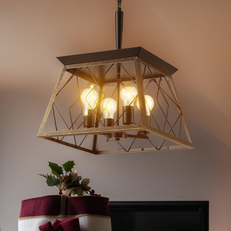 ??4-Light Farmhouse Chandelier Pendant Light - Adjustable Height - Rustic Steel Design - For Dining Room & Kitchen, Gold