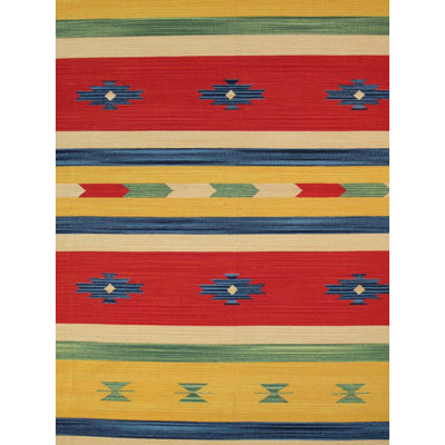 Tapis rouge / jaune / bleu en laine et coton 8 pi x 10 pi Southwestern