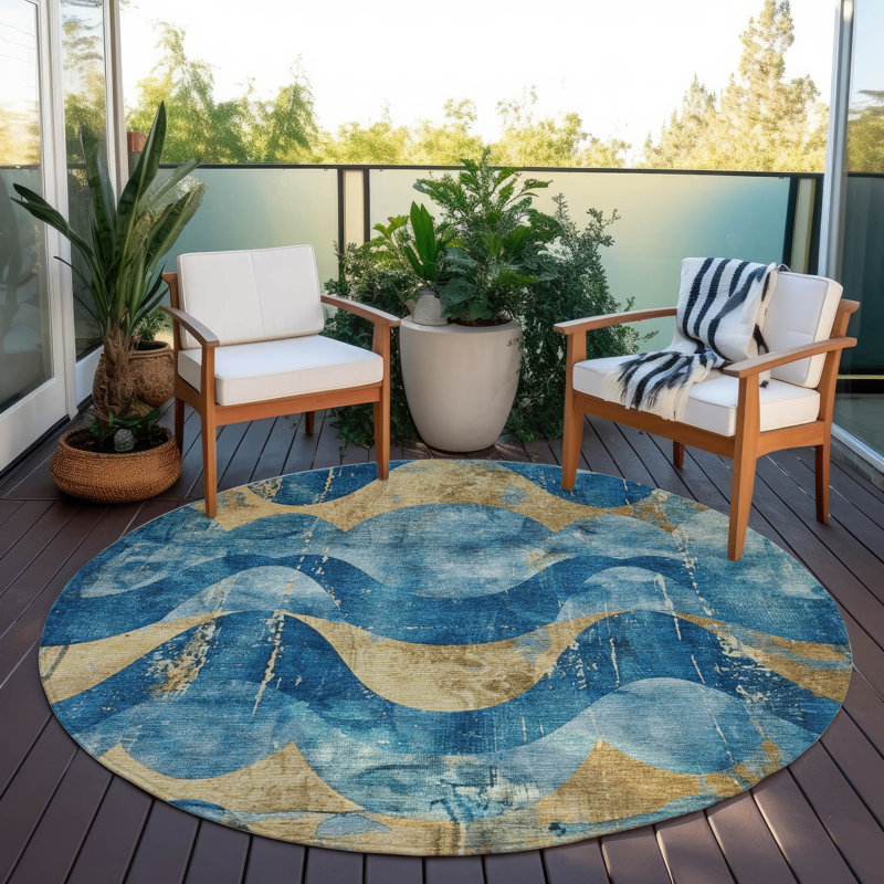 Machine Washable Indoor/Outdoor Xhevrie Teal Rug, Round 8'